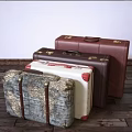 Vintage Stacked Suitcases with Brown White Red Trim and Classic Fan Decor