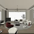 Modern Living Dining Room Interior With White Sofa Red Armchair Round Rug And Chandelier