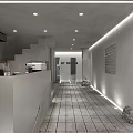 Cafe Interior Design with Sit Down Sign Gray Walls Lighting Counter and Staircase