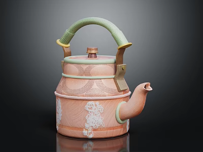 Decorative Pink Teapot With Green Handle And White Textured Patterns For Daily Use 3d model