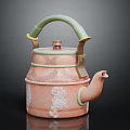Decorative Pink Teapot With Green Handle And White Textured Patterns For Daily Use