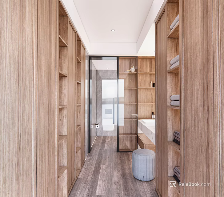 Modern Walk In Closet Interior Design With Open Wooden Shelves And Storage Cabinets 3d model 
