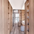 Modern Walk In Closet Interior Design With Open Wooden Shelves And Storage Cabinets