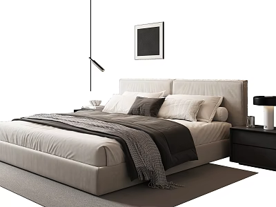 Modern Double Bed Interior With Light Frame White Gray Pillows Nightstand Lamp And Wall Art 3d model