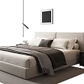 Modern Double Bed Interior With Light Frame White Gray Pillows Nightstand Lamp And Wall Art