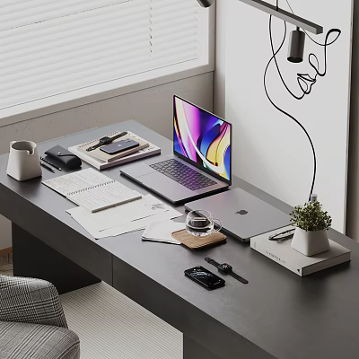 Modern Office Desk Workspace With Laptop Smartphone Desk Lamp And Essential Office Appliances 3d model