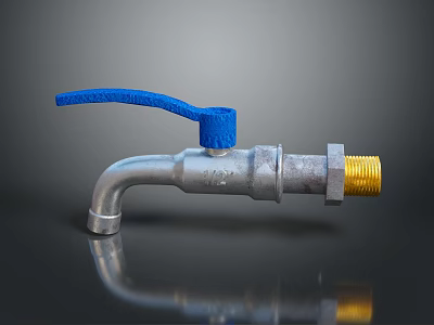 Household Water Tap With Blue Handle Silver Body And Yellow Connector 3d model