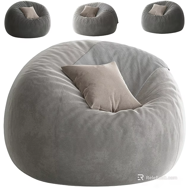 Grey Bean Bag Chair With Light Brown Pillow And Matching Round Ottomans 3d model 