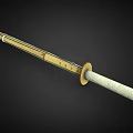 Japanese Katana Weapon With Golden Scabbard White Wrapped Handle And Ornate Details