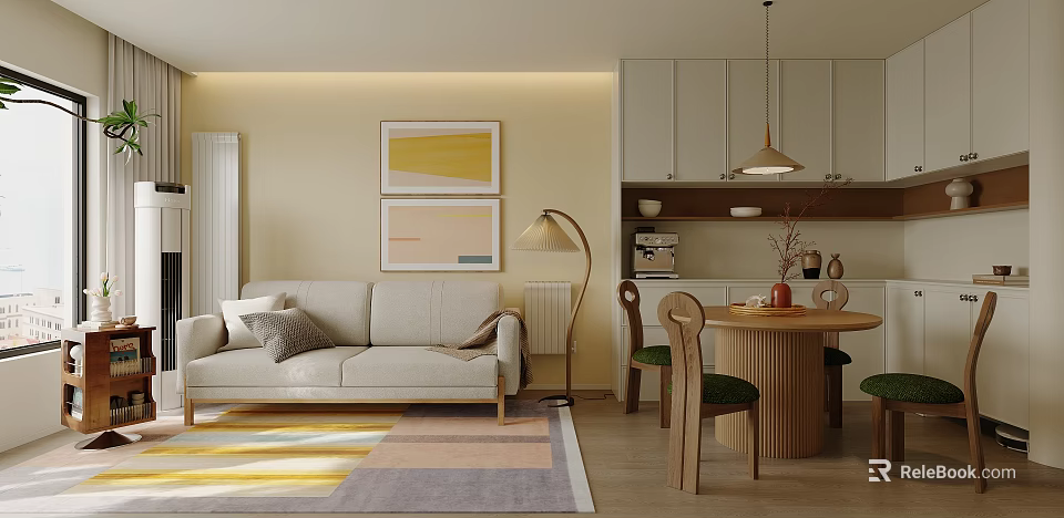 Modern Living Dining Room Interior With Light Sofa Area Rug Wall Art Round Table Chairs 3d model 