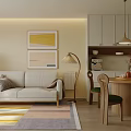 Modern Living Dining Room Interior With Light Sofa Area Rug Wall Art Round Table Chairs