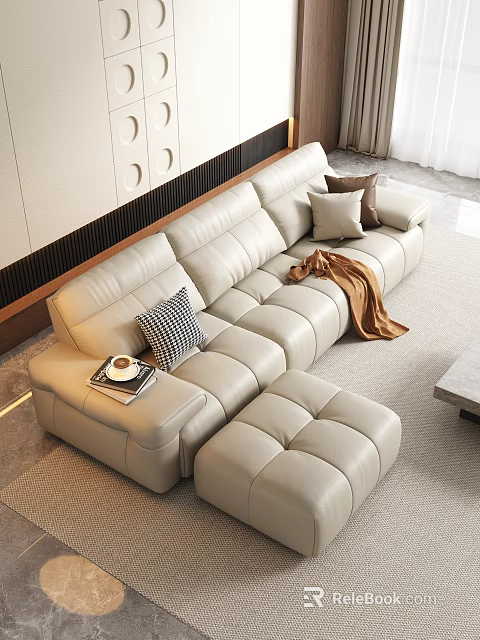 Cozy L Shaped Beige Leather Leisure Sofa Set With Ottoman Pillows And Throw Blanket 3d model 