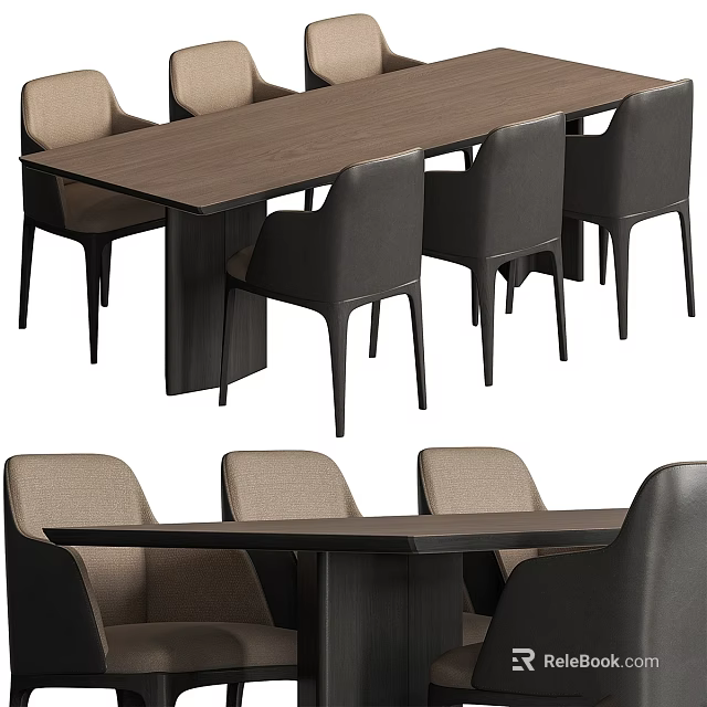 Modern Dining Table And Chairs Set With Wooden Top And Gray Beige Upholstered Chairs 3d model 