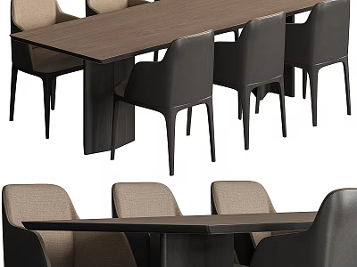 Modern Dining Table And Chairs Set With Wooden Top And Gray Beige Upholstered Chairs 3d model