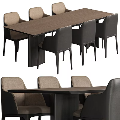 Modern Dining Table And Chairs Set With Wooden Top And Gray Beige Upholstered Chairs 3d model