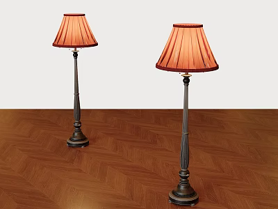 Two Floor Lamps with Red Lampshades and Dark Metal Poles on Herringbone Wooden Floor 3d model