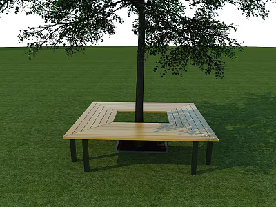 Wooden Outdoor Chair Square Structure Around Tree In Grass Area 3d model