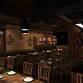 Modern Restaurant Interior with Wooden Brick Walls Dining Tables and Pendant Lights