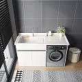 Bathroom Vanity Cabinet with Washing Machine White Countertop Sink Faucet Toiletries and Potted Plant
