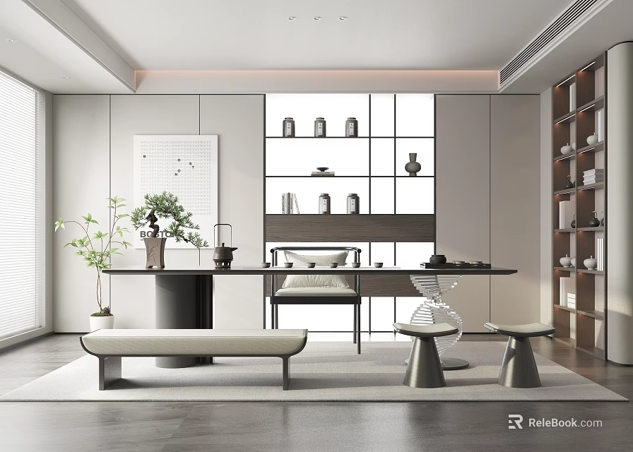 Modern Minimalist Tea Room Interior With Long Table Green Plants And Bookshelves And Decorative Items 3d model 