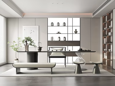 Modern Minimalist Tea Room Interior With Long Table Green Plants And Bookshelves And Decorative Items 3d model