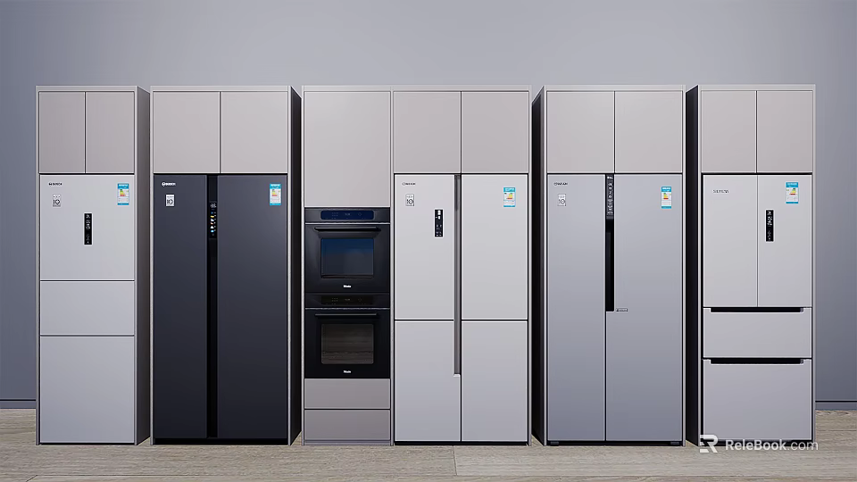 Various Styles Modern Refrigerators and Freezers Display in Showroom With Gray and Black Colors 3d model 