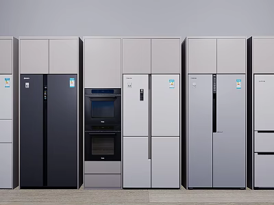 Various Styles Modern Refrigerators and Freezers Display in Showroom With Gray and Black Colors 3d model
