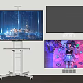 Televisions On Stand Displaying Cityscape Black Screen And Anime Character Screens