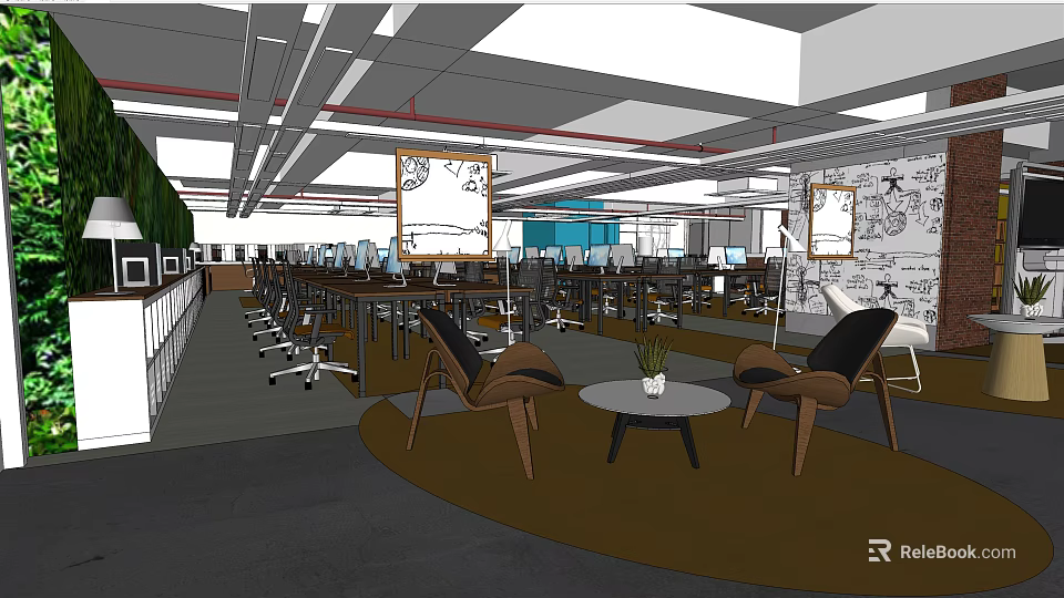 Spacious Public Office Workspace With Open Desks Lounge Seating Greenery And Wall Art 3d model 