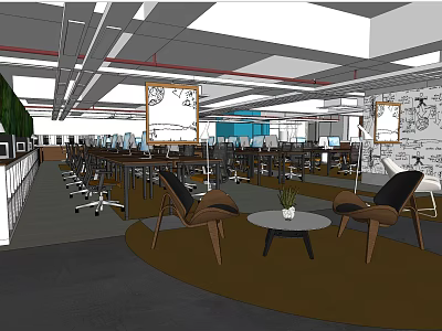Spacious Public Office Workspace With Open Desks Lounge Seating Greenery And Wall Art 3d model