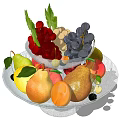 Ceramic Fruit Bowl Filled With Fresh Pears Peaches Grapes And Green Leaves