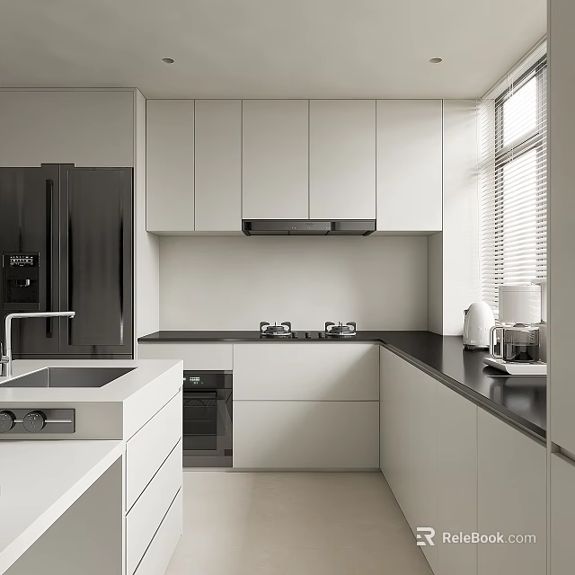 Modern Kitchen Interior With White Cabinets Black Countertops And Stainless Steel Appliances 3d model 
