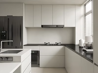 Modern Kitchen Interior With White Cabinets Black Countertops And Stainless Steel Appliances 3d model