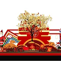Christmas New Year Photo Spot With Santa Golden Tree Red Backdrop Windmill And Lanterns