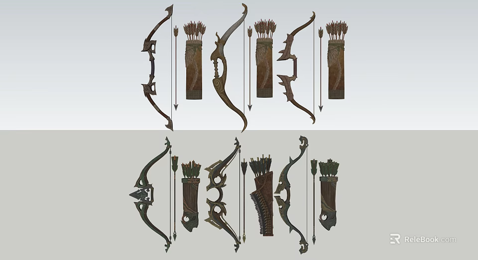 Traditional Archery Bows And Quivers With Various Decorative Designs Collection 3d model 