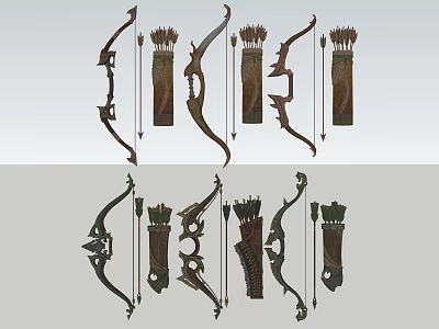 Traditional Archery Bows And Quivers With Various Decorative Designs Collection 3d model