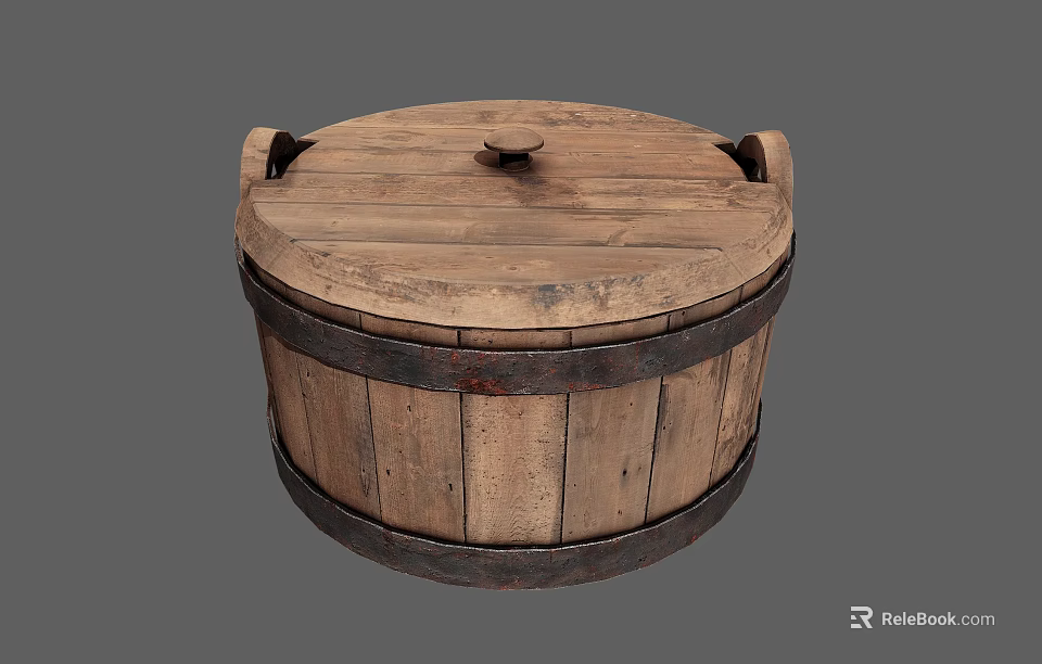 Rustic Wooden Kitchen Storage Bucket With Lid Metal Hoops And Handles 3d model 