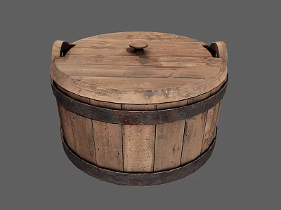 Rustic Wooden Kitchen Storage Bucket With Lid Metal Hoops And Handles 3d model