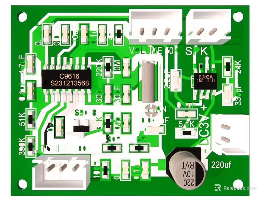 Green Electronic Circuit Board With C9816 Chip 220uf Capacitor And Components 3d model 
