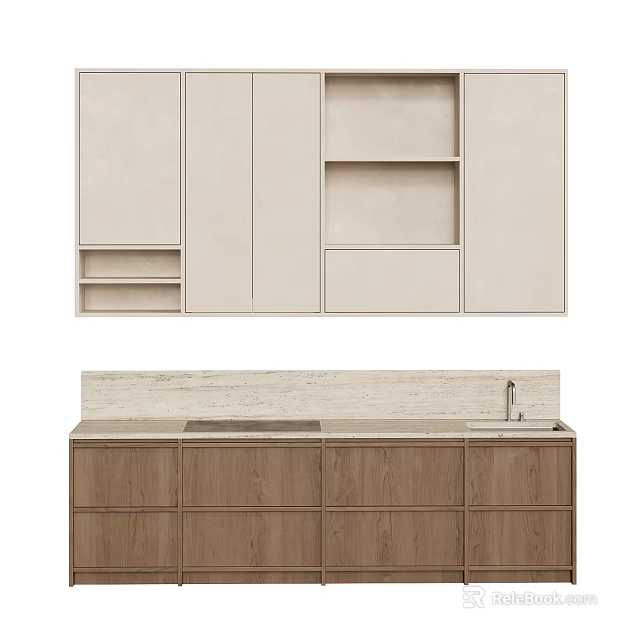 Modern Kitchen Interior Featuring Light Upper And Wooden Lower Cabinets With Stone Countertop 3d model