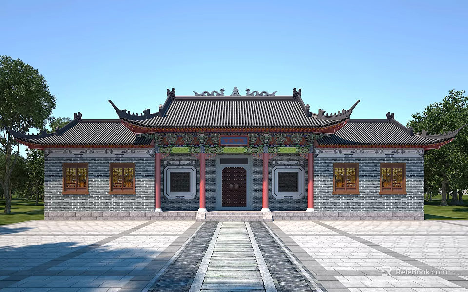 Traditional Chinese Ancient Architecture With Eaves Tile Roof Red Columns And Stone Pathway 3d model 