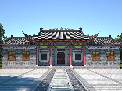 Traditional Chinese Ancient Architecture With Eaves Tile Roof Red Columns And Stone Pathway 3d model
