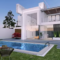 Modern Detached Villa with White Exterior Glass Facade Swimming Pool and Grass Lawn