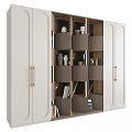 Modern Bookcase Interior Design With Wooden Compartments White Panels And Golden Handles