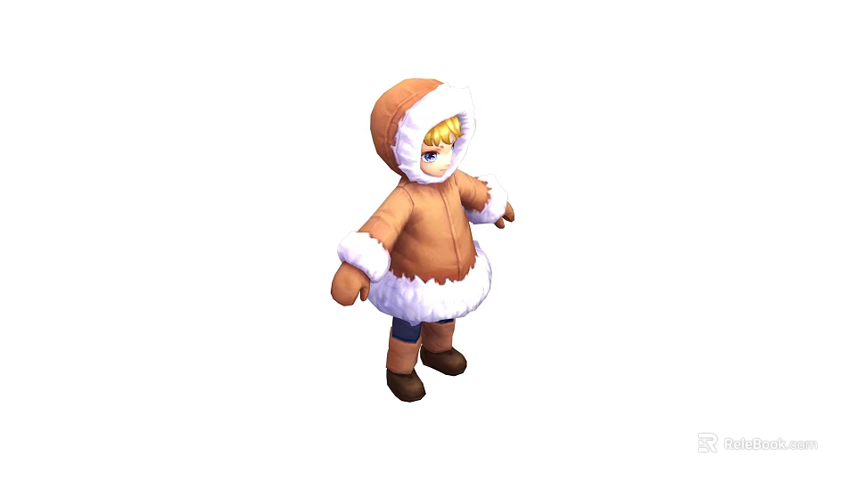Game Movie Character In Brown Hooded Coat With Blonde Hair White Fur Trim Blue Pants 3d model 