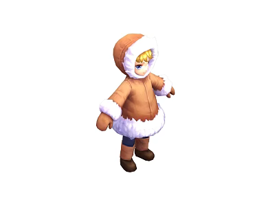 Game Movie Character In Brown Hooded Coat With Blonde Hair White Fur Trim Blue Pants 3d model