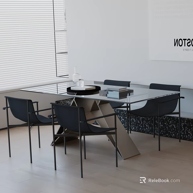 Modern Dining Table Set with Glass Top Black Chairs and Geometric Metal Frame 3d model 