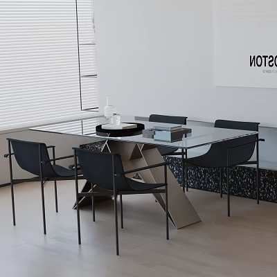 Modern Dining Table Set with Glass Top Black Chairs and Geometric Metal Frame 3d model