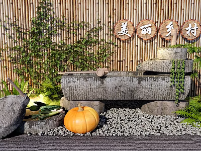 Beautiful Countryside Scene With Bamboo Wall Stone Mill Pumpkin And Green Plants 3d model