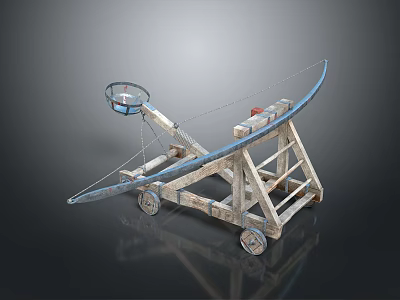 Vintage Wooden Catapult Model With Wheels And Basket As Decorative Household Item 3d model